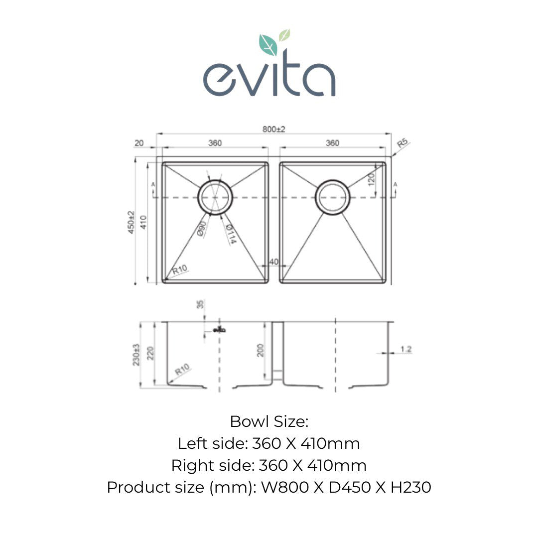 EVITA EKS-DU36 | 360mm + 360mm SUS316 Undermount Double Bowl Kitchen Sink