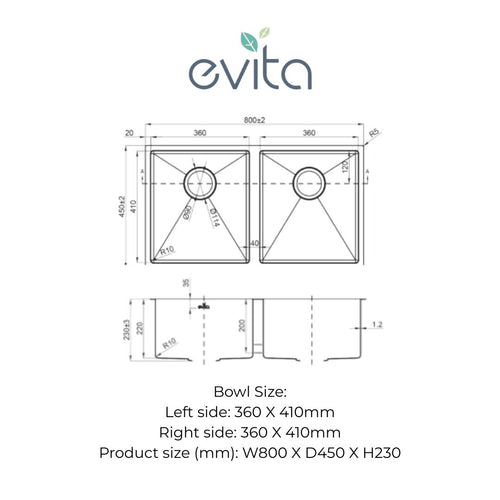 EVITA EKS-DU36 | 360mm + 360mm SUS316 Undermount Double Bowl Kitchen Sink