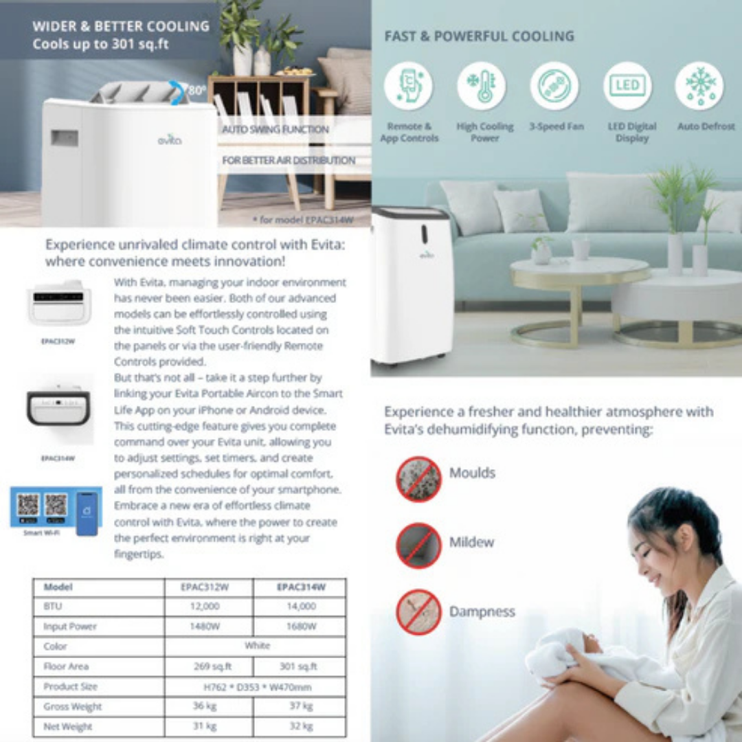 EVITA EPAC314W 14,000 BTU 3-in-1 Smart Portable Air Conditioner | Cooling up to 301sqft, Dehumidifying mode, WIFI and Smart Home App Control