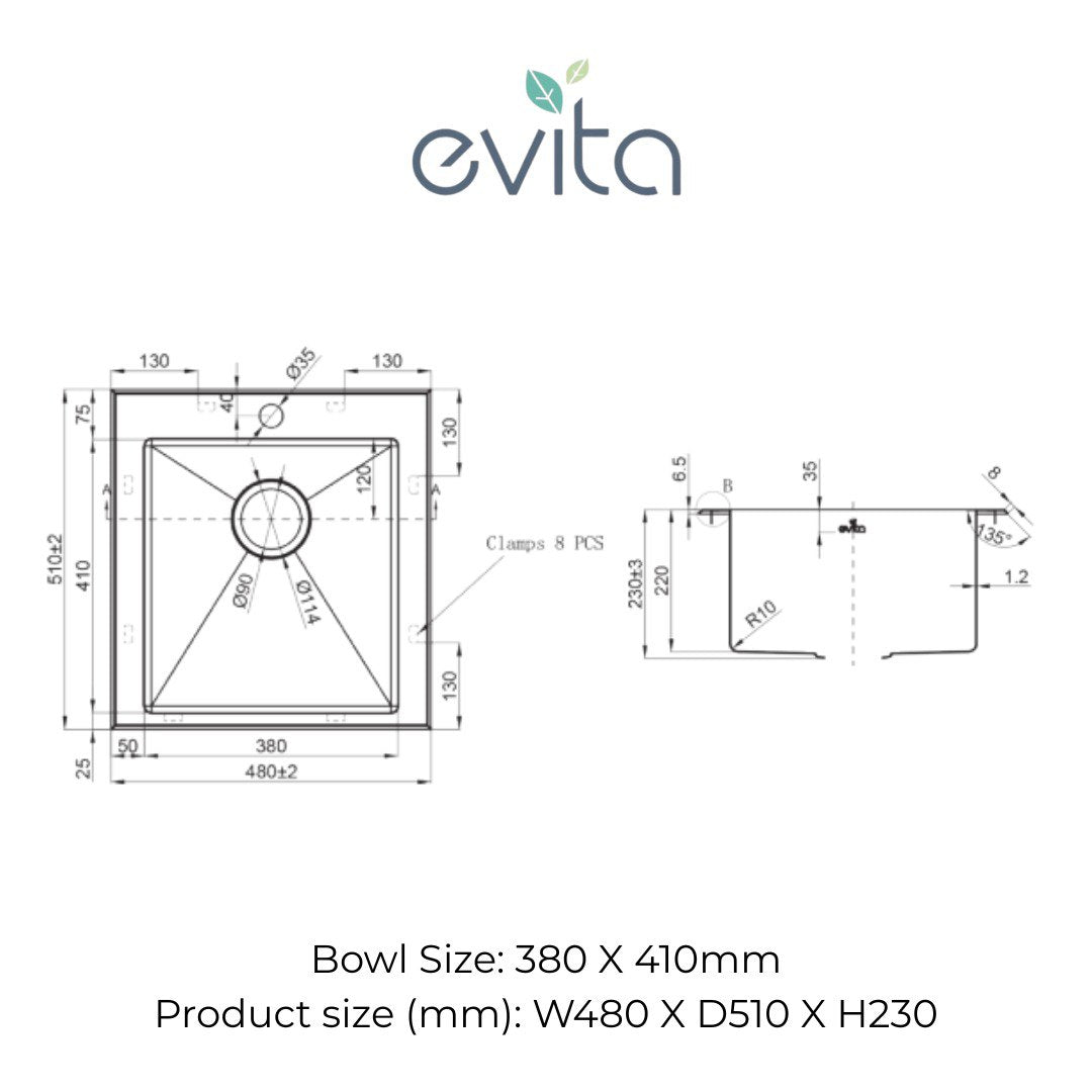 EVITA EKS-ST38 | 380mm SUS316 Top Mount Single Bowl Kitchen Sink