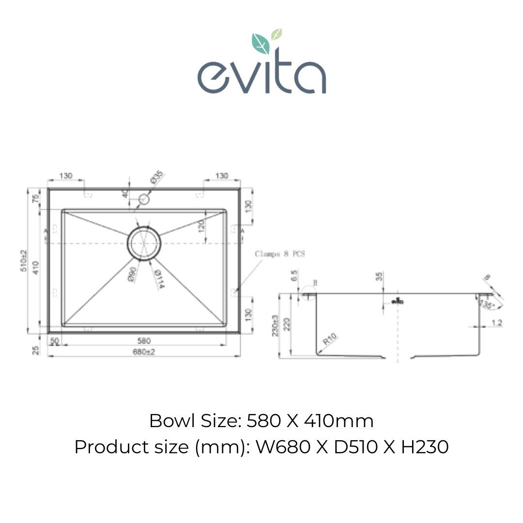 EVITA EKS-ST58 | 580mm SUS316 Top Mount Single Bowl Kitchen Sink