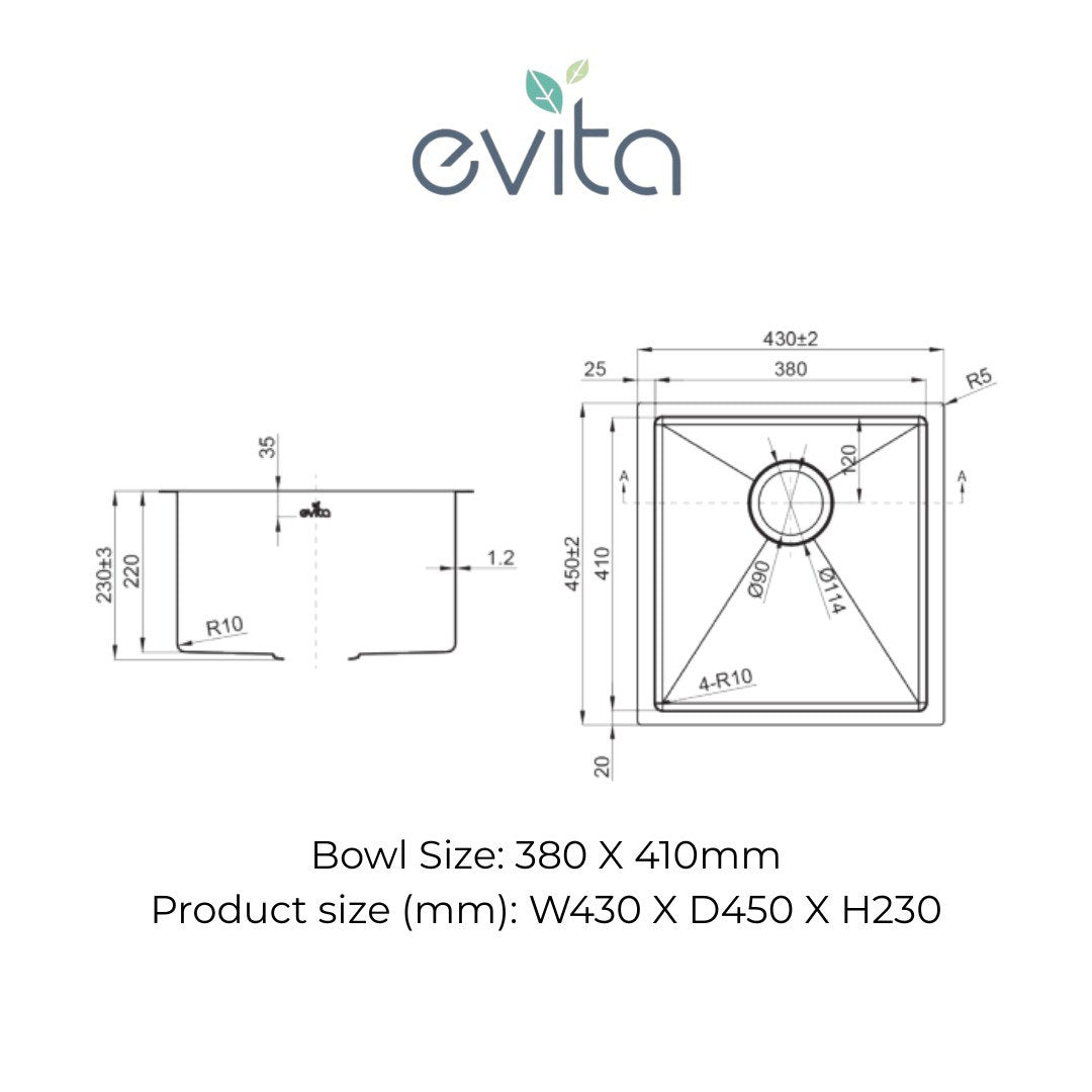 EVITA EKS-SU38 | 380mm Undermount Single Bowl Kitchen Sink