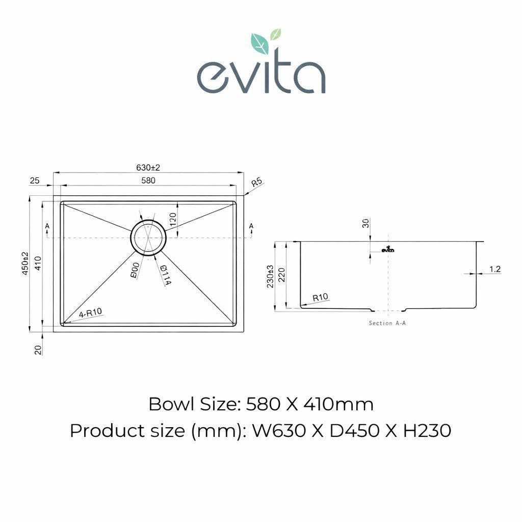 EVITA EKS-SU58 | 580mm SUS316 Undermount Single Bowl Kitchen Sink