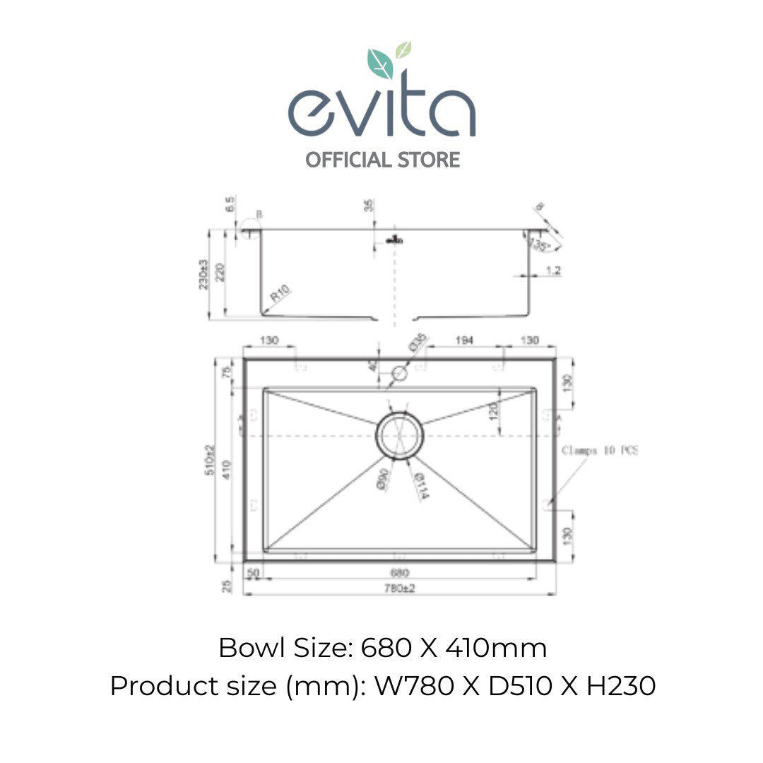 EVITA EKS-ST68 | 680mm SUS316 Top Mount Single Bowl Kitchen Sink
