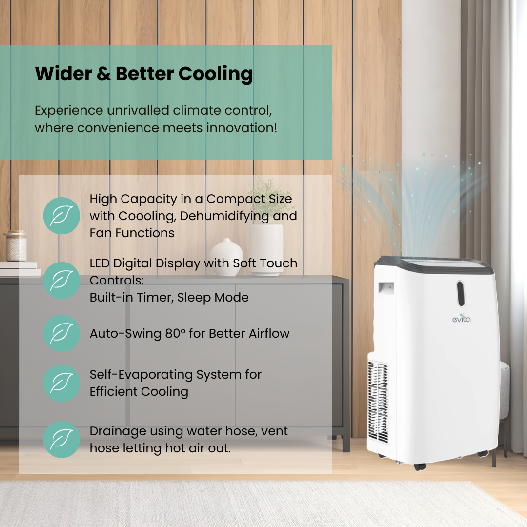 EVITA EPAC314W 14,000 BTU 3-in-1 Smart Portable Air Conditioner | Cooling up to 301sqft, Dehumidifying mode, WIFI and Smart Home App Control