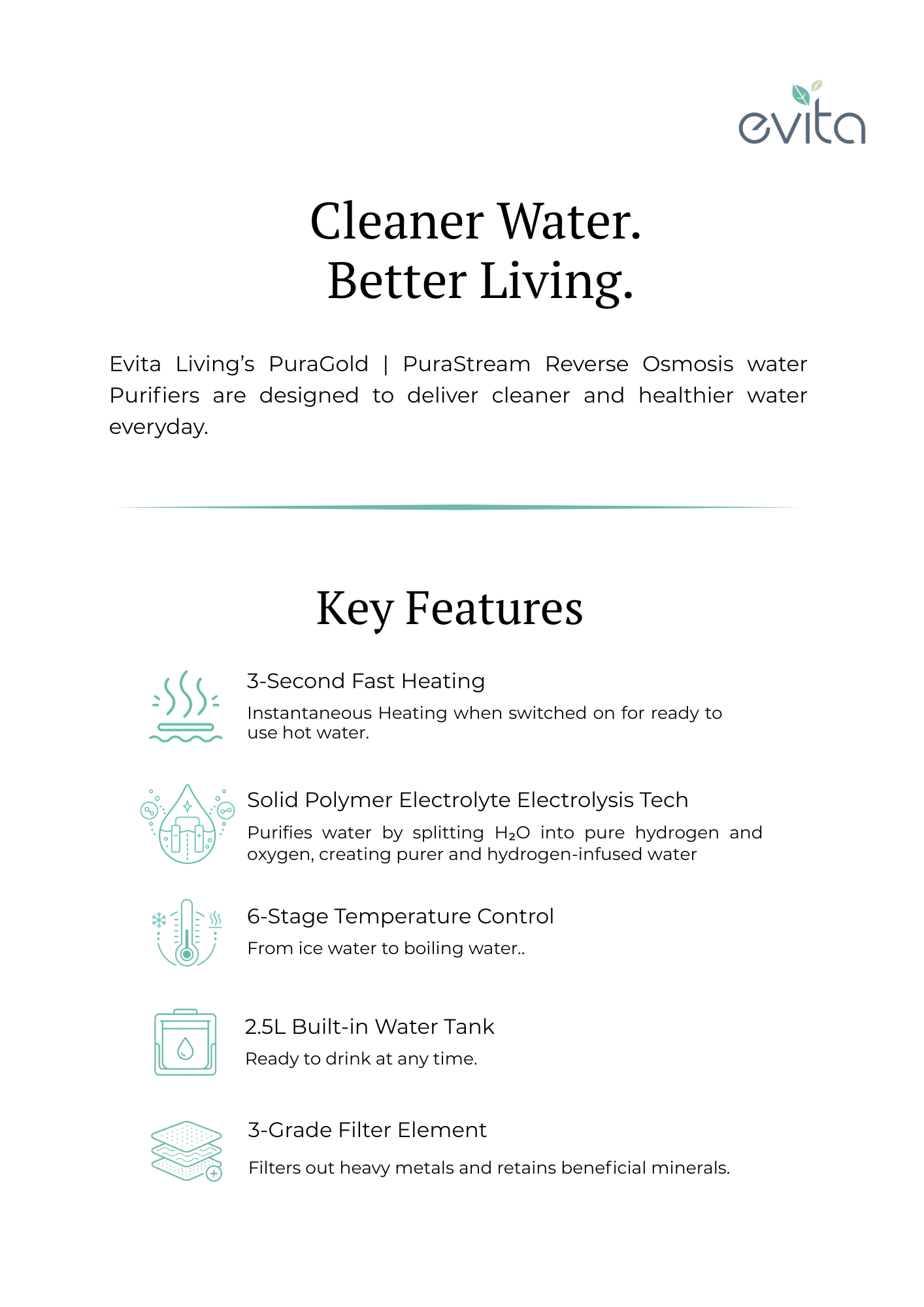 EVITA W19/W25 PuraStream/PuraGold Hydrogen-Enriched Table Top Water Purifier | 6-Stage Temperature Control, UVC Sterilisation, Easy to Clean