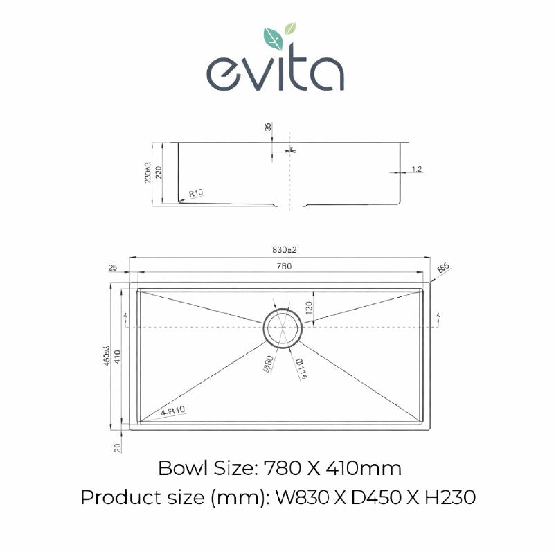 EVITA EKS-ST78 | 780mm SUS316 Top Mount Single Bowl Kitchen Sink