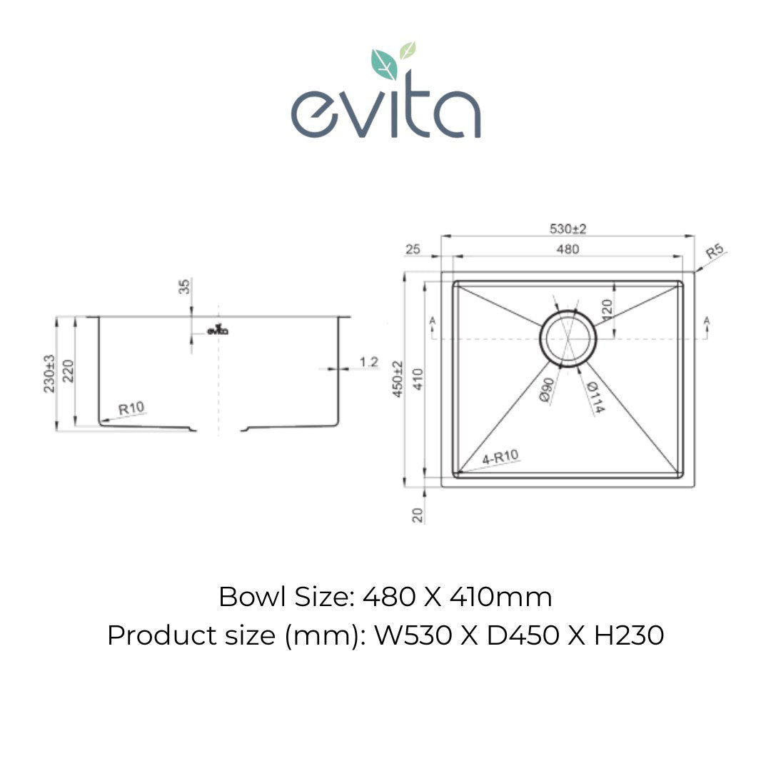 EVITA EKS-SU48 | 480mm SUS316 Undermount Single Bowl Kitchen Sink