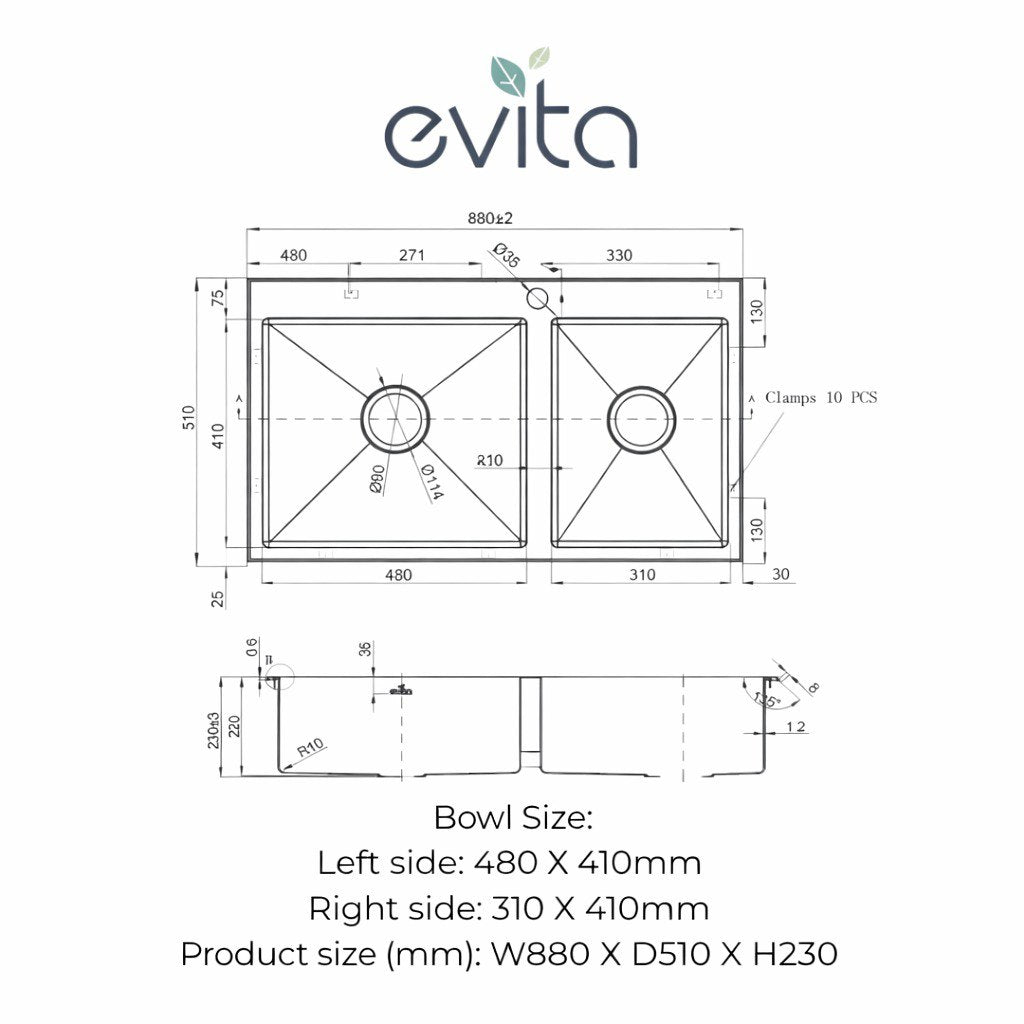 EVITA EKS-DT48 | 480mm + 310mm SUS316 Top Mount Double Bowl Kitchen Sink