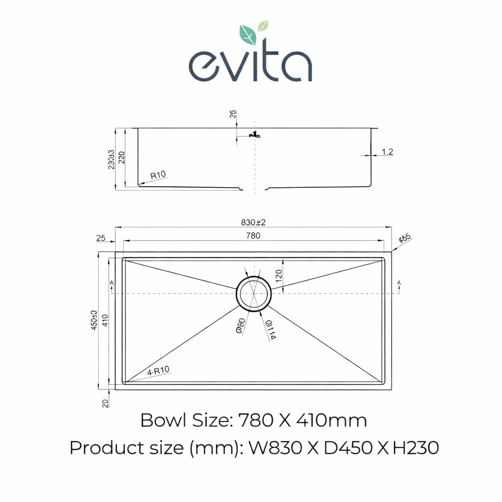 EVITA EKS-SU78 | 780mm SUS316 Undermount Single Bowl Kitchen Sink