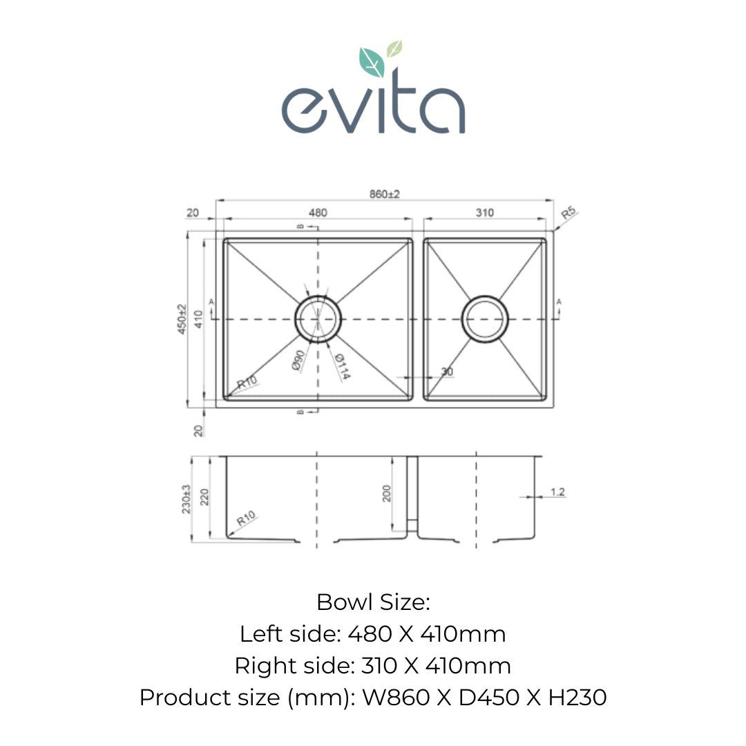 EVITA EKS-DU48 | 480mm + 310mm SUS316 Undermount Double Bowl Kitchen Sink