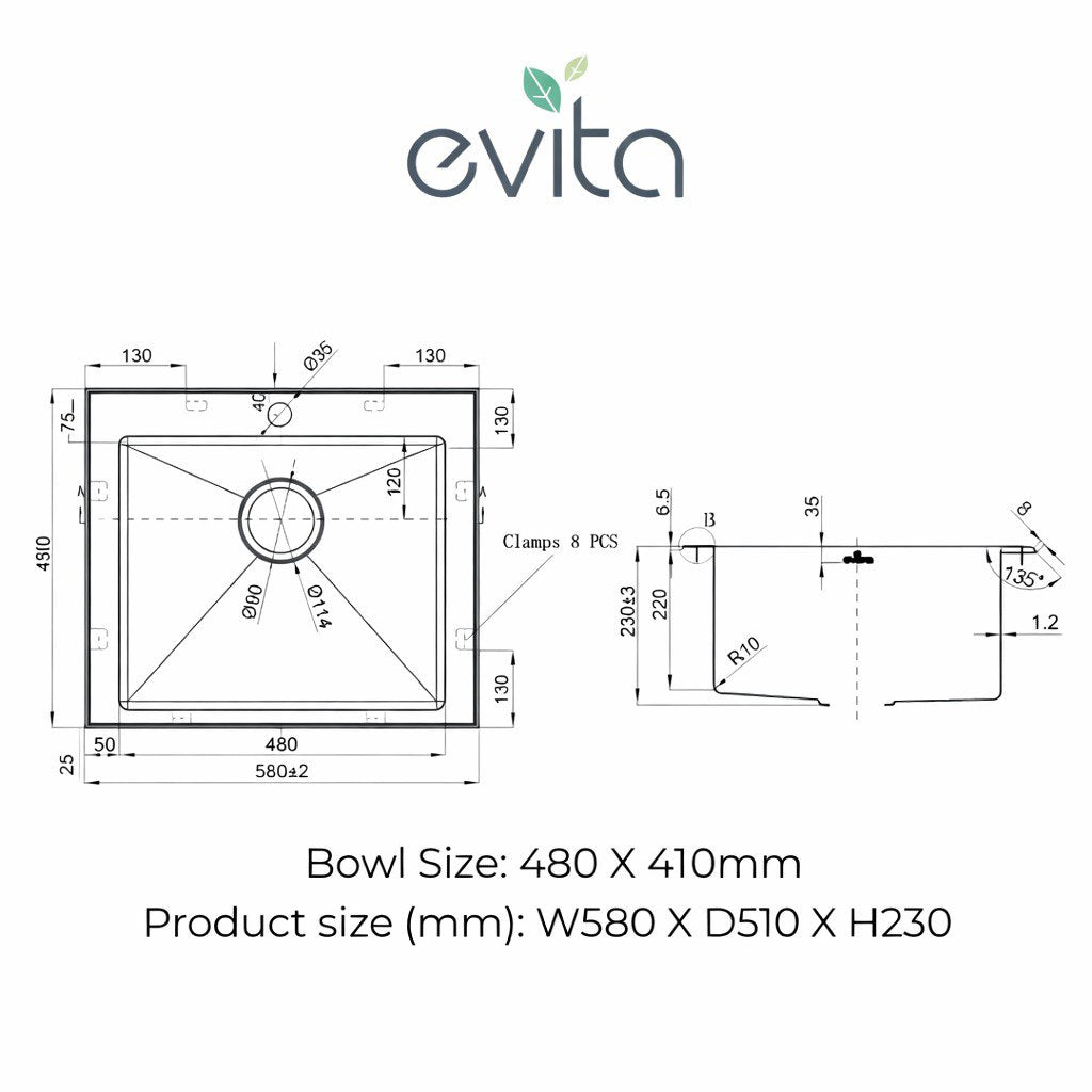 EVITA EKS-ST48HC | 480mm SUS316 Honeycomb Top Mount Single Bowl Kitchen Sink