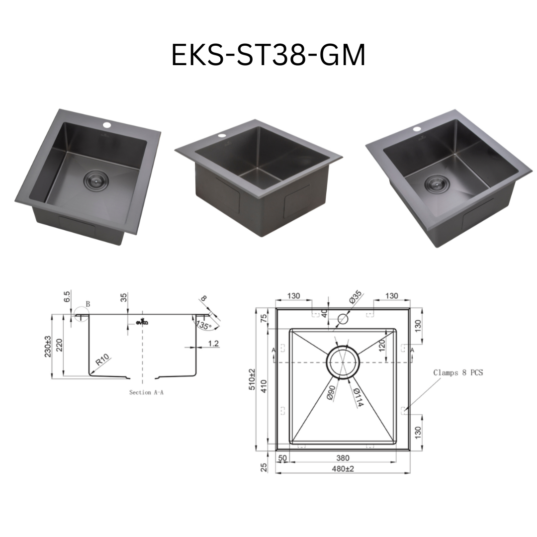 EVITA EKS-ST38-SS/EKS-ST38-GM SUS316 单碗船用级厨房水槽