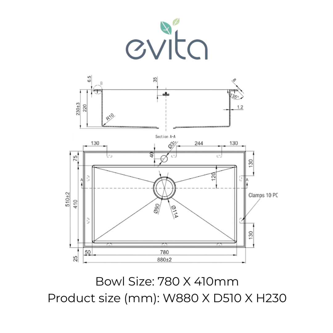 EVITA EKS-ST78 | 880mm SUS316 Top Mount Single Bowl Kitchen Sink